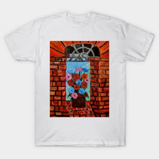 mixed flowers in a metallic copper and vintage cold in a red brick wall T-Shirt